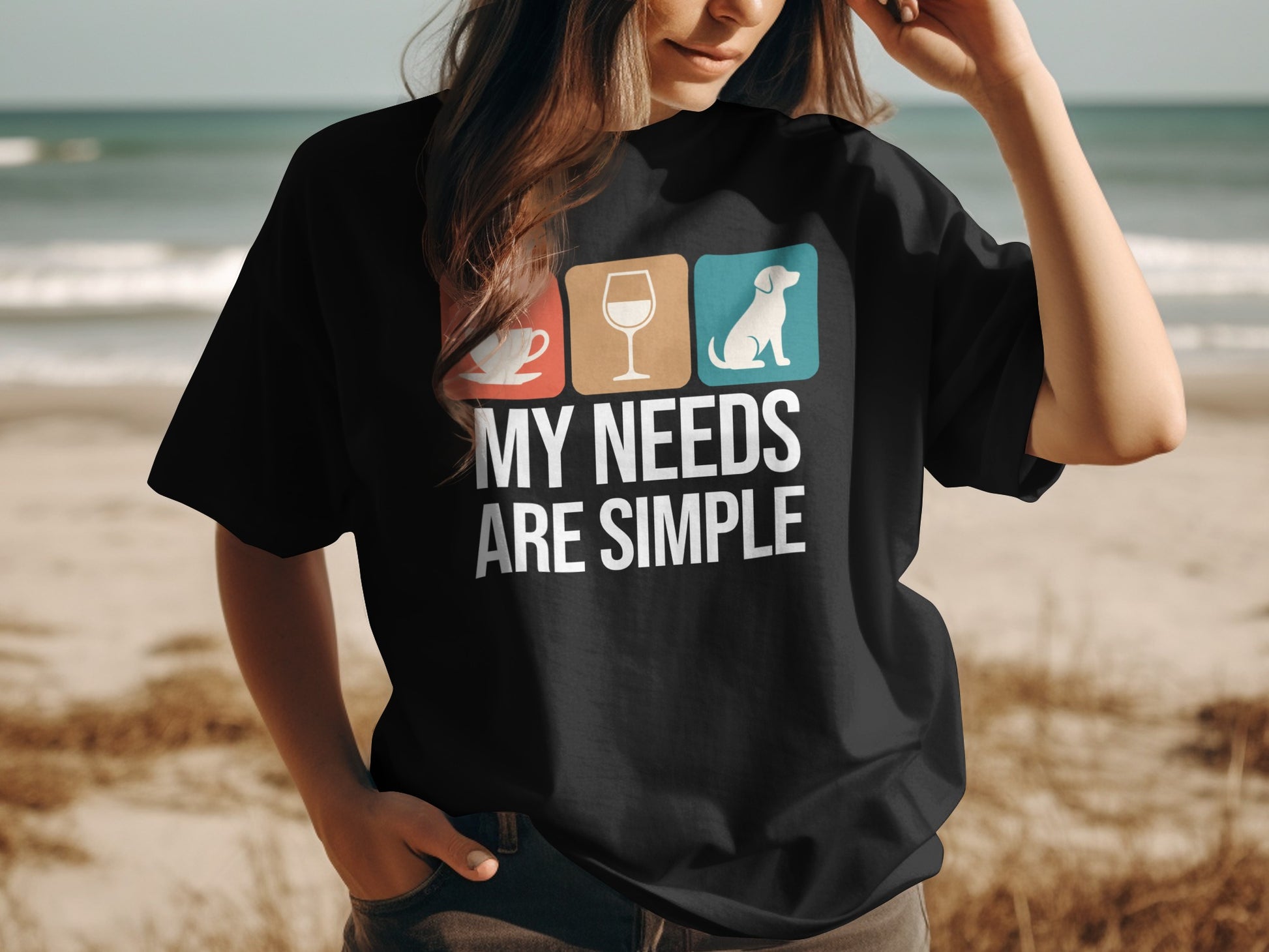 Black t-shirt with coffee, wine, and dog icons, and text "MY NEEDS ARE SIMPLE".