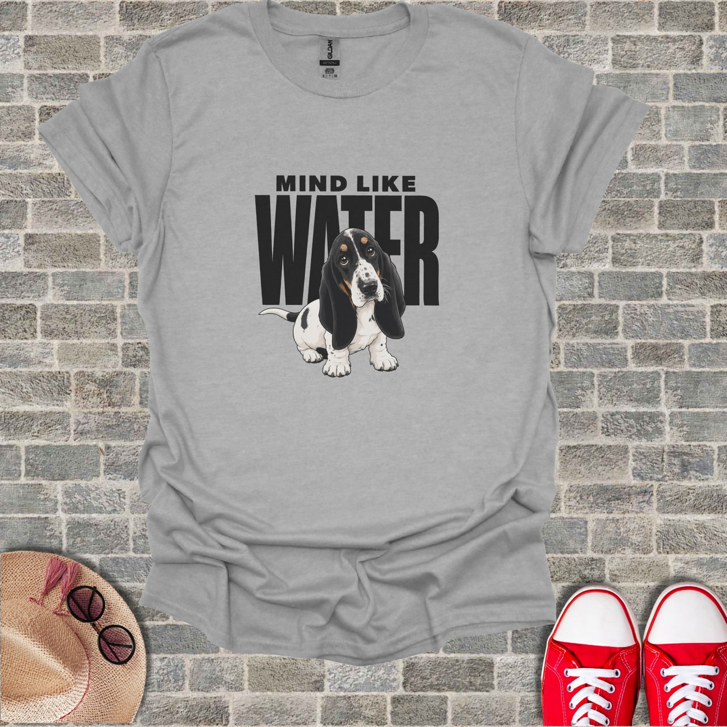 Grey t-shirt with a basset hound and "MIND LIKE WATER" text.