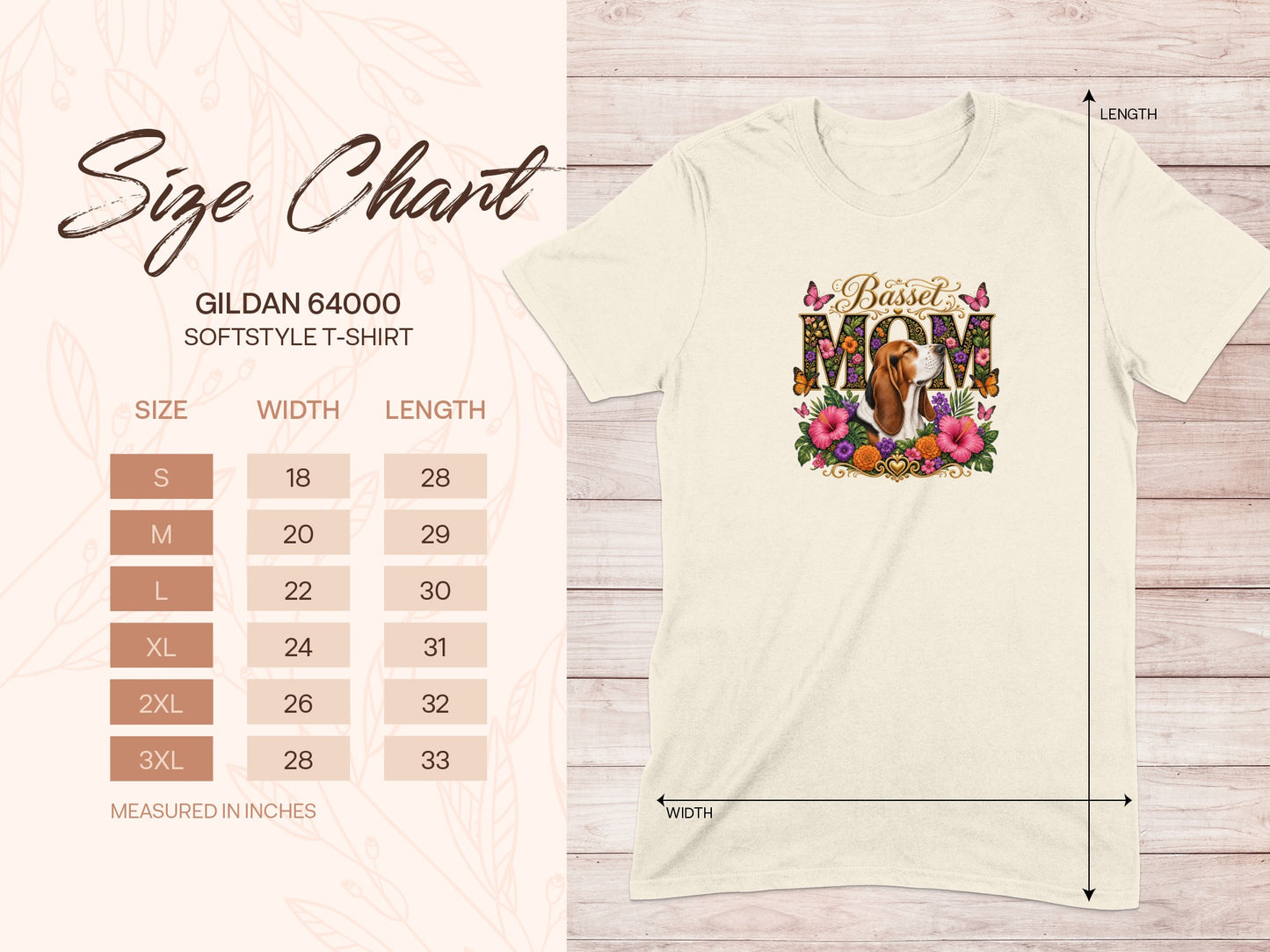 Size chart for Gildan 64000 softstyle t-shirt with width and length measurements.