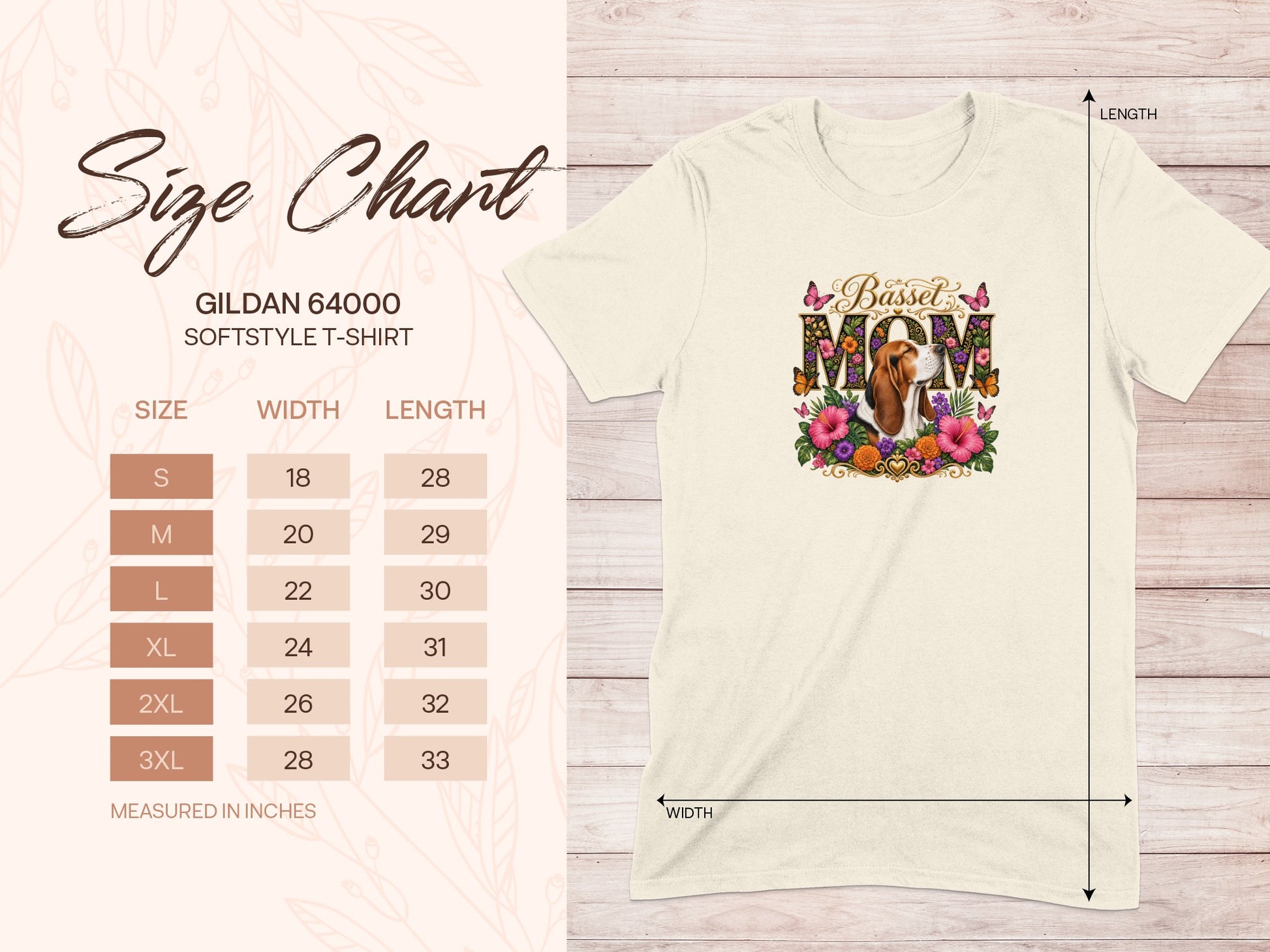 Size chart for Gildan 64000 softstyle t-shirt with width and length measurements.