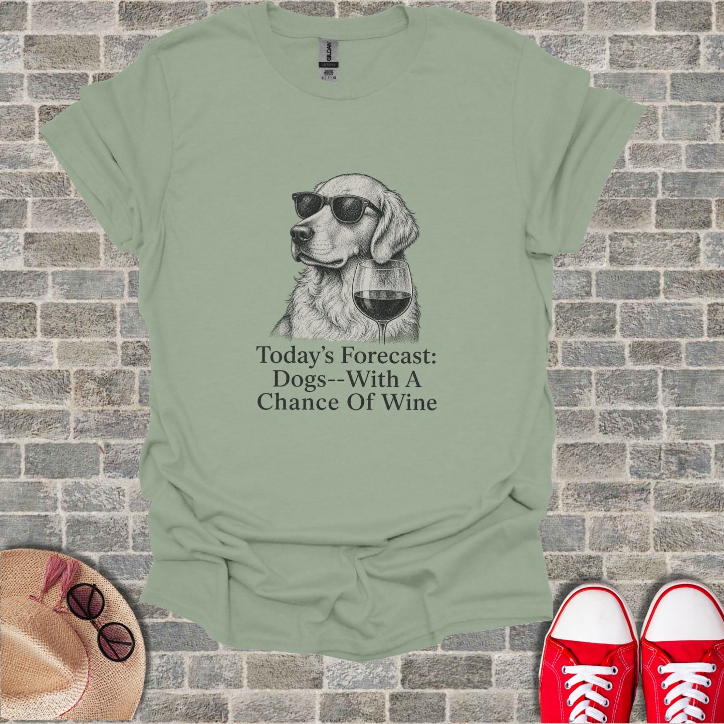 Light green t-shirt with a golden retriever wearing sunglasses and a wine glass.