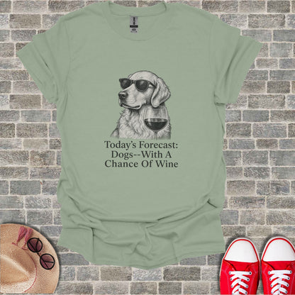 Light green t-shirt with a golden retriever wearing sunglasses and a wine glass.