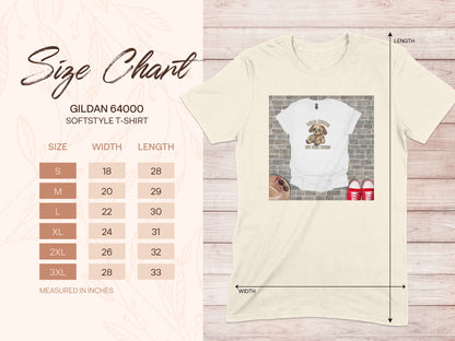 Gildan 64000 t-shirt size chart with "Dead Inside But Still Trying" graphic.