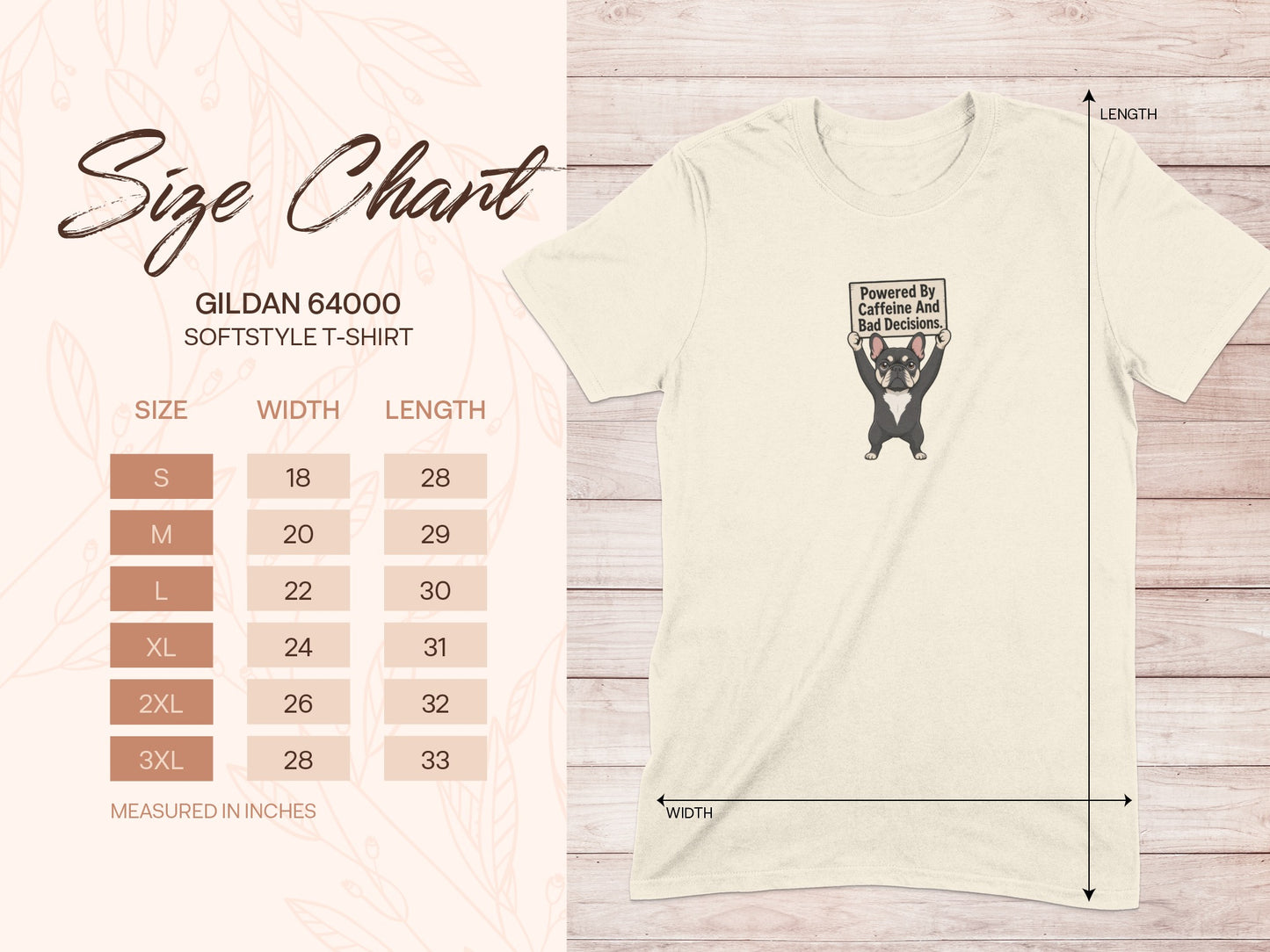 Gildan 64000 size chart with French bulldog graphic and text.
