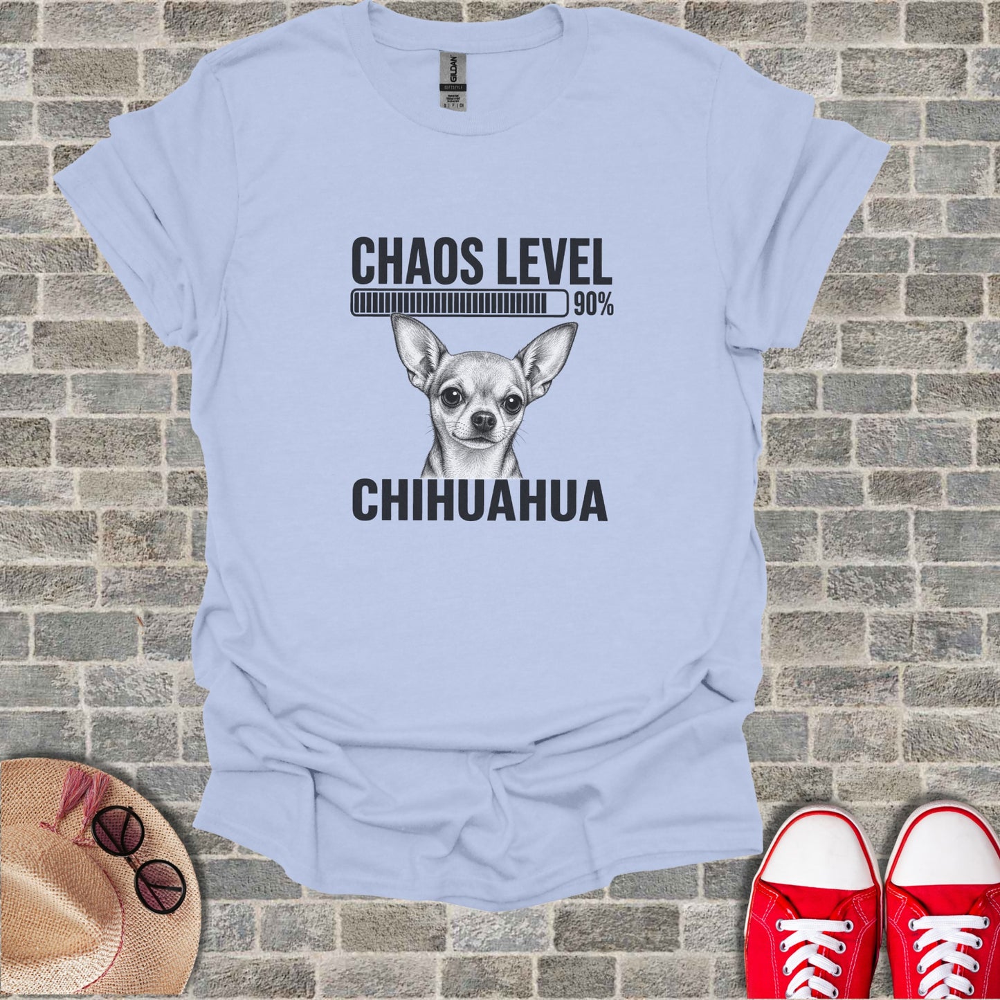 T-shirt with Chihuahua graphic and "Chaos Level 90%" text.