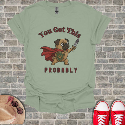 Dog in a cape and shield holding a sword, "You Got This Probably" text.