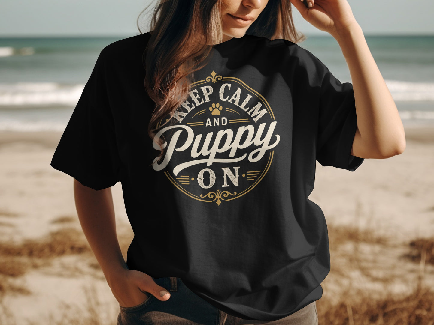 Black t-shirt with "Keep Calm and Puppy On" text in a circular design.