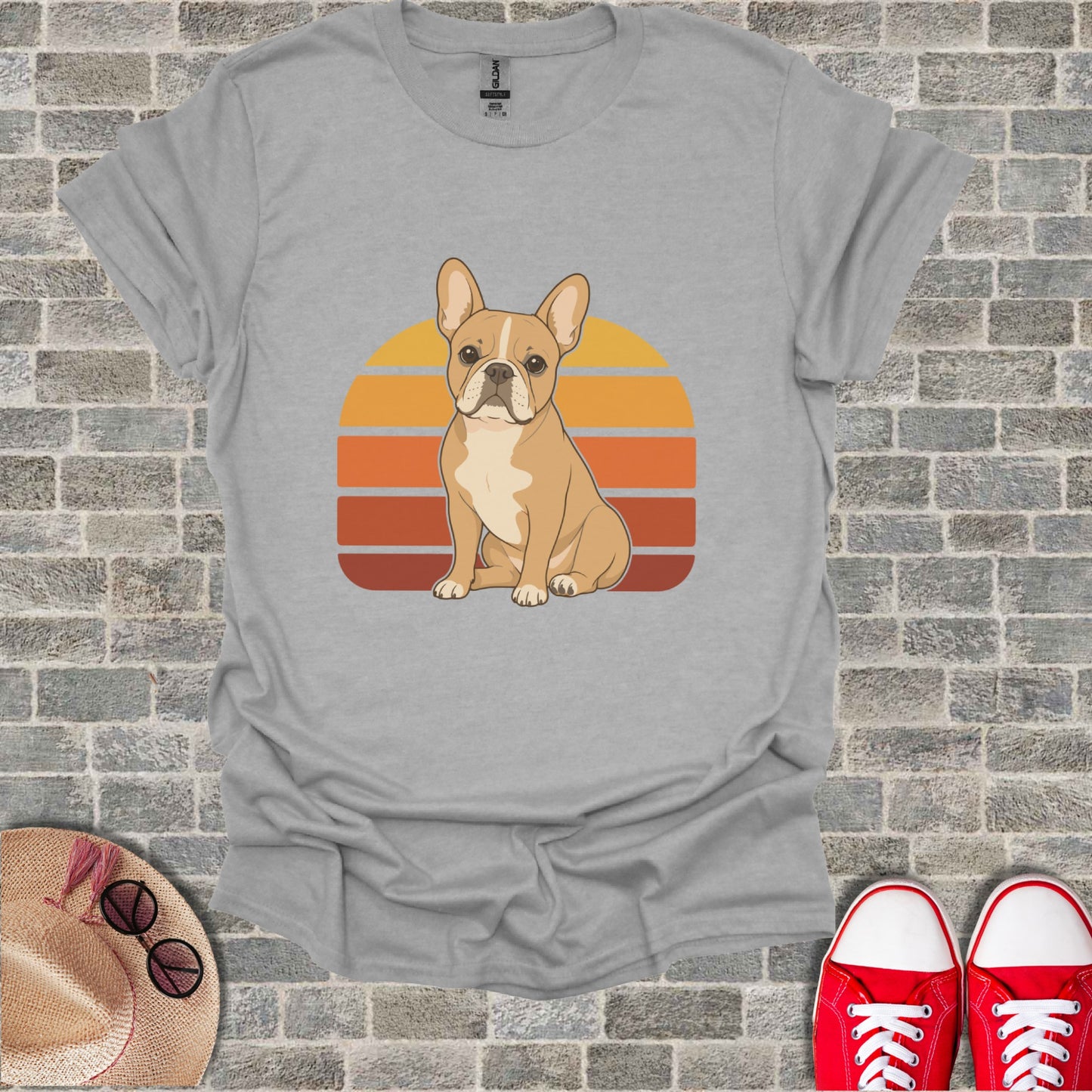 Gray t-shirt with a tan French bulldog and retro sunset graphic design.