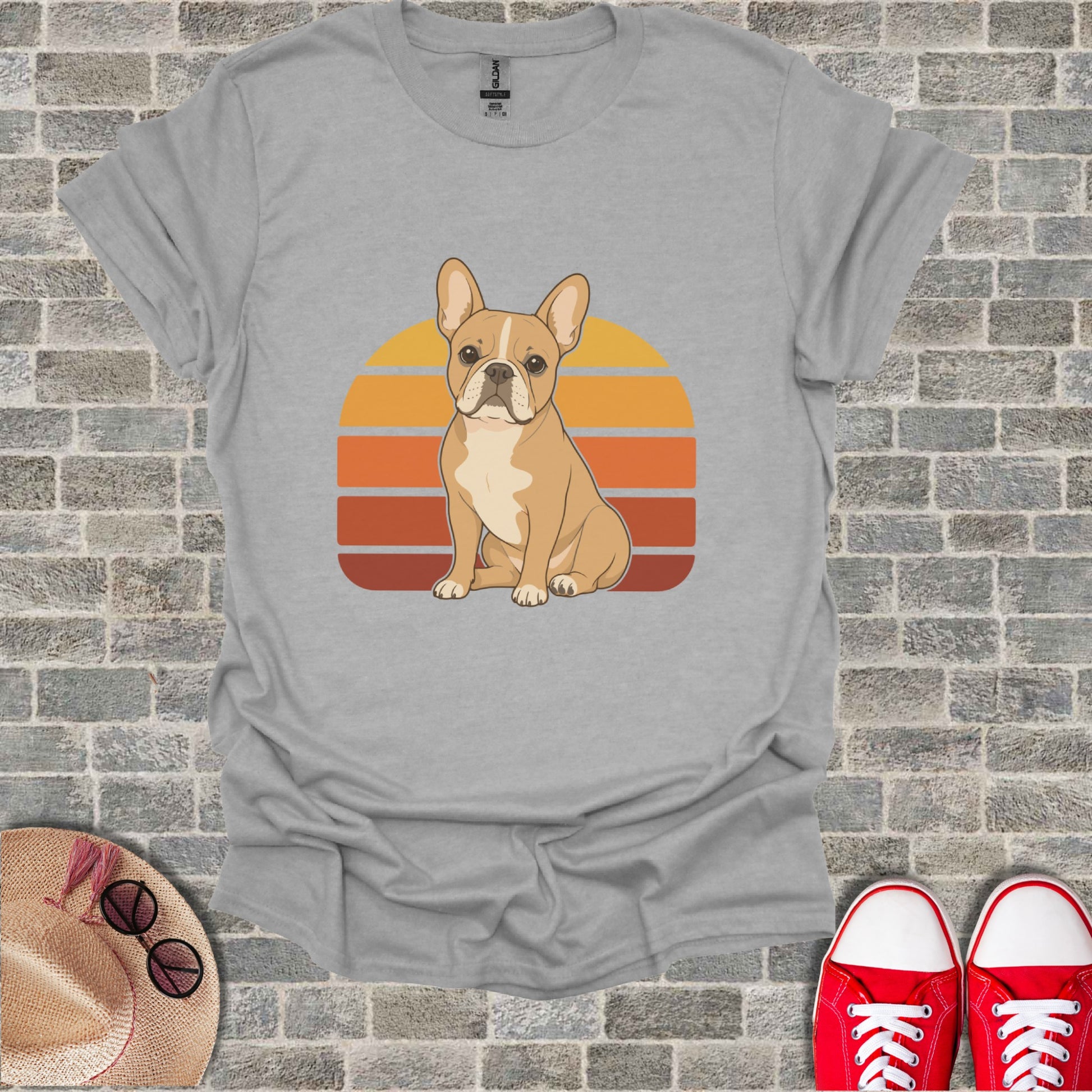 Gray t-shirt with a tan French bulldog and retro sunset graphic design.
