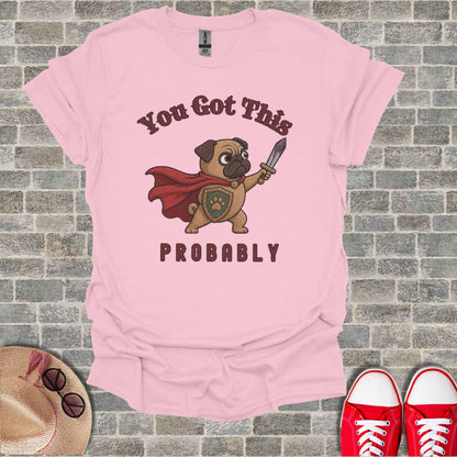 Pug wearing a cape and holding a sword with text "You Got This PROBABLY".
