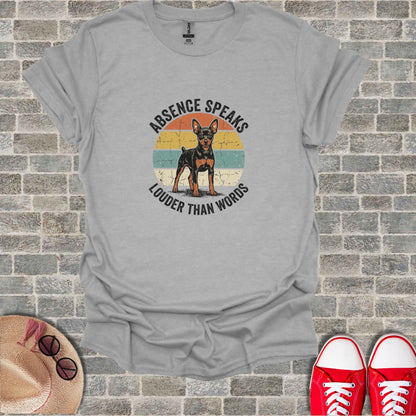 Gray t-shirt with vintage dog graphic and "Absence Speaks Louder Than Words" text.