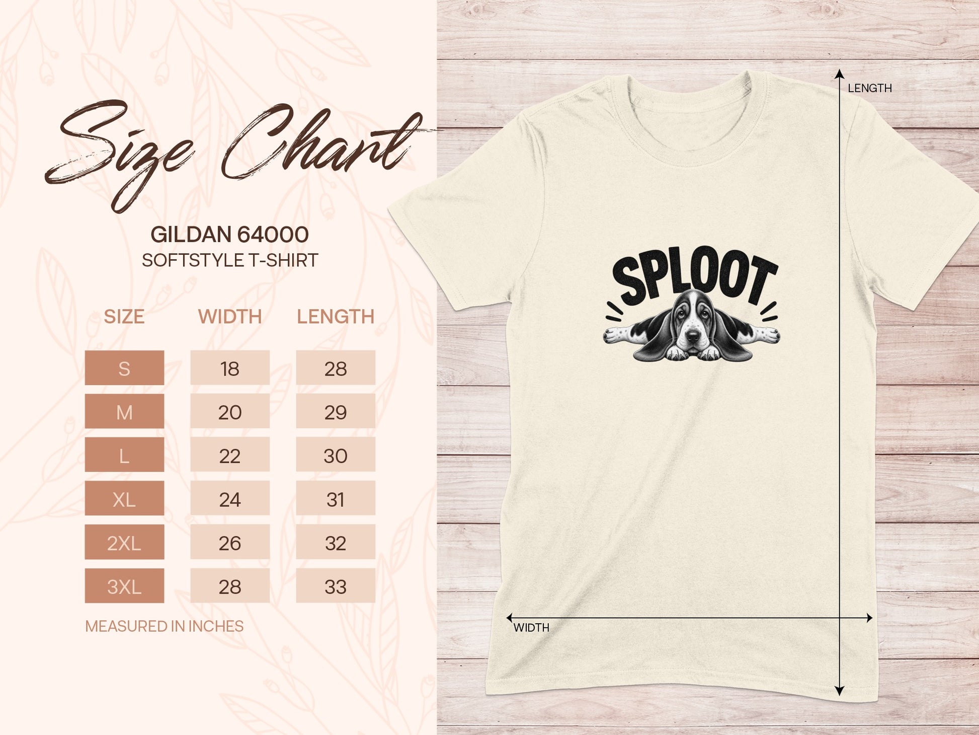 Size chart for Gildan 64000 Softstyle t-shirt with sizes S-3XL measured in inches.