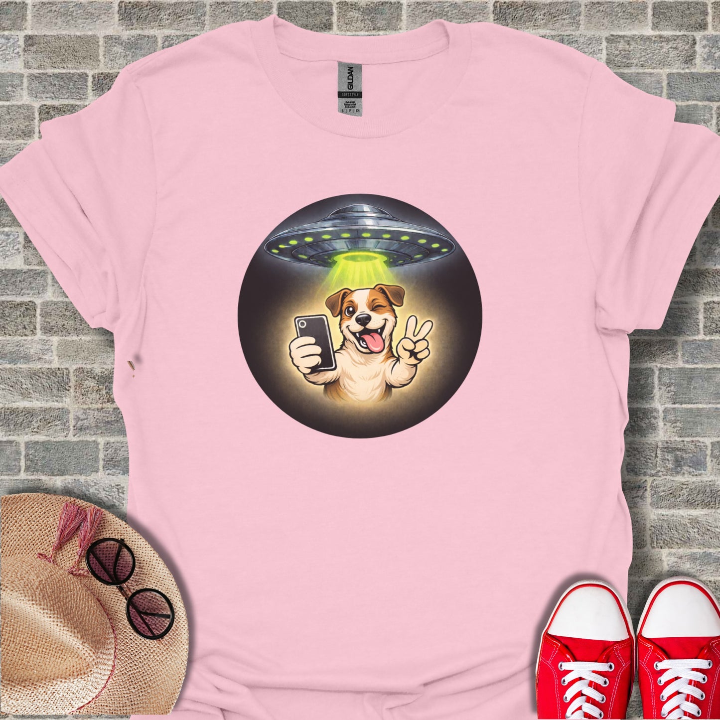 Alien Spaceship Dog Selfie Pink T-Shirt Casual Wear