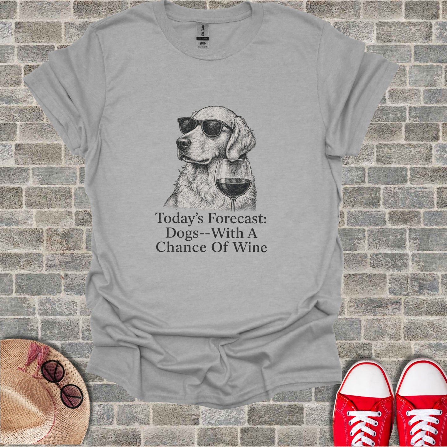 Grey t-shirt with drawing of dog wearing sunglasses and holding wine, text reads "Today's forecast: Dogs--with a chance of wine."