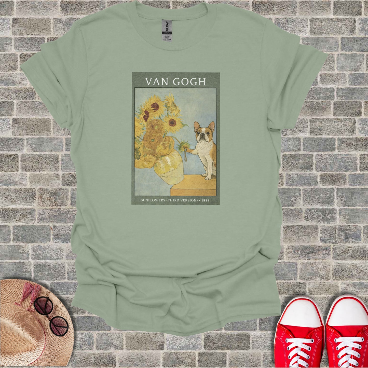 Van Gogh's Sunflowers painting with a French bulldog on a light green t-shirt.