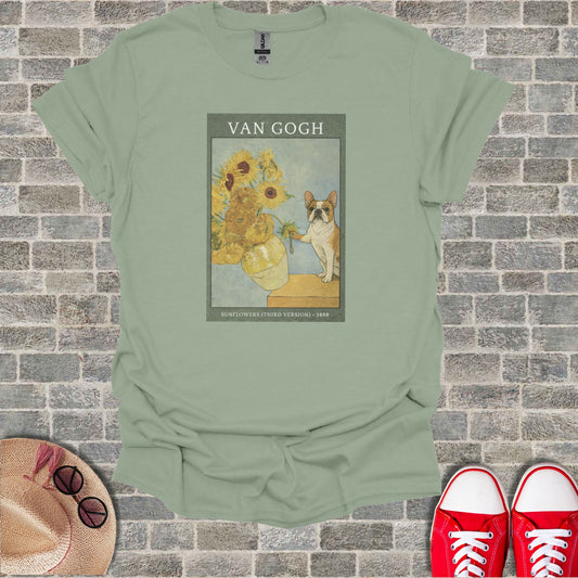 Van Gogh's Sunflowers painting with a French bulldog on a light green t-shirt.