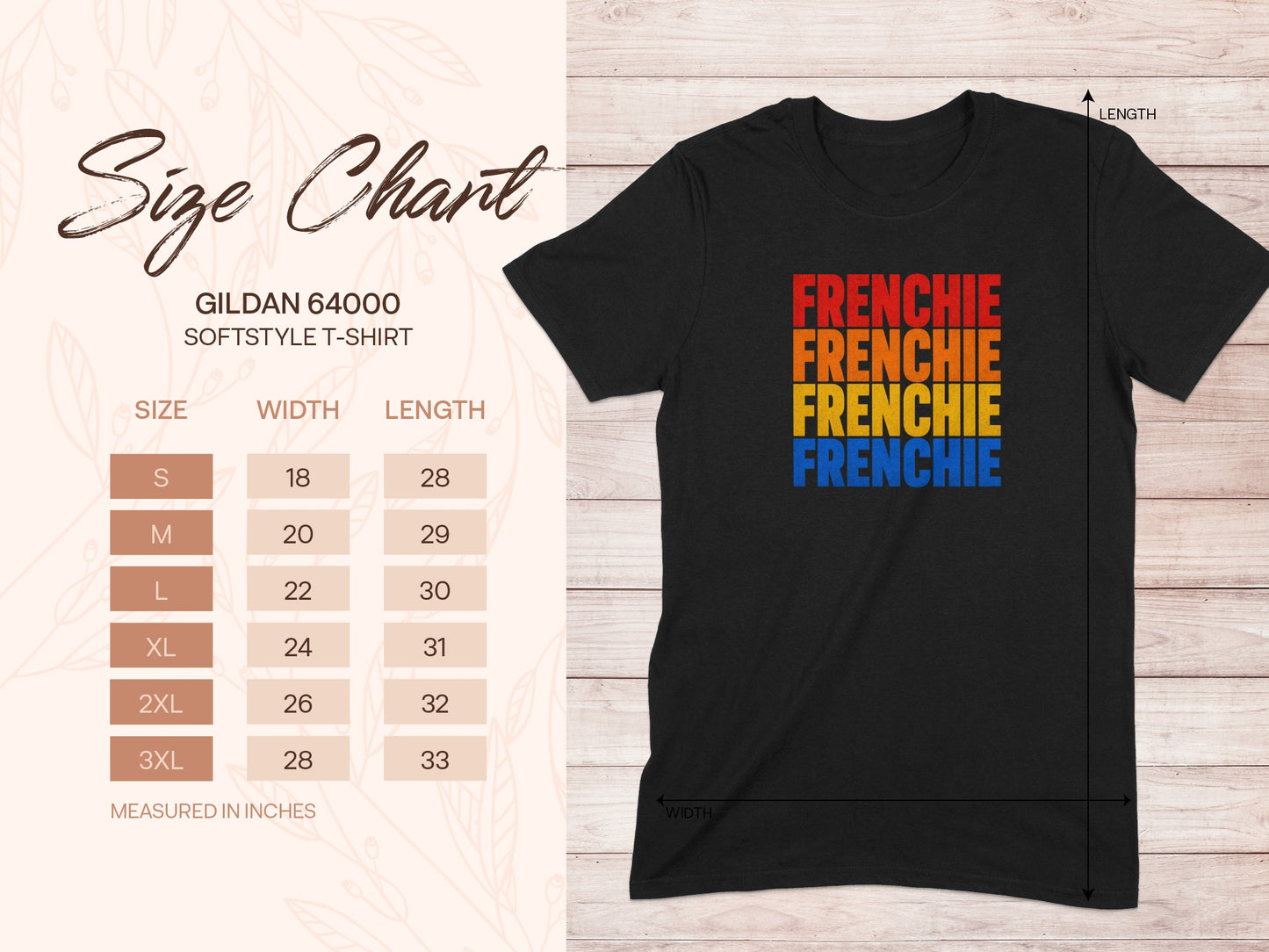 Gildan 64000 size chart for Frenchie t-shirt with measurements.
