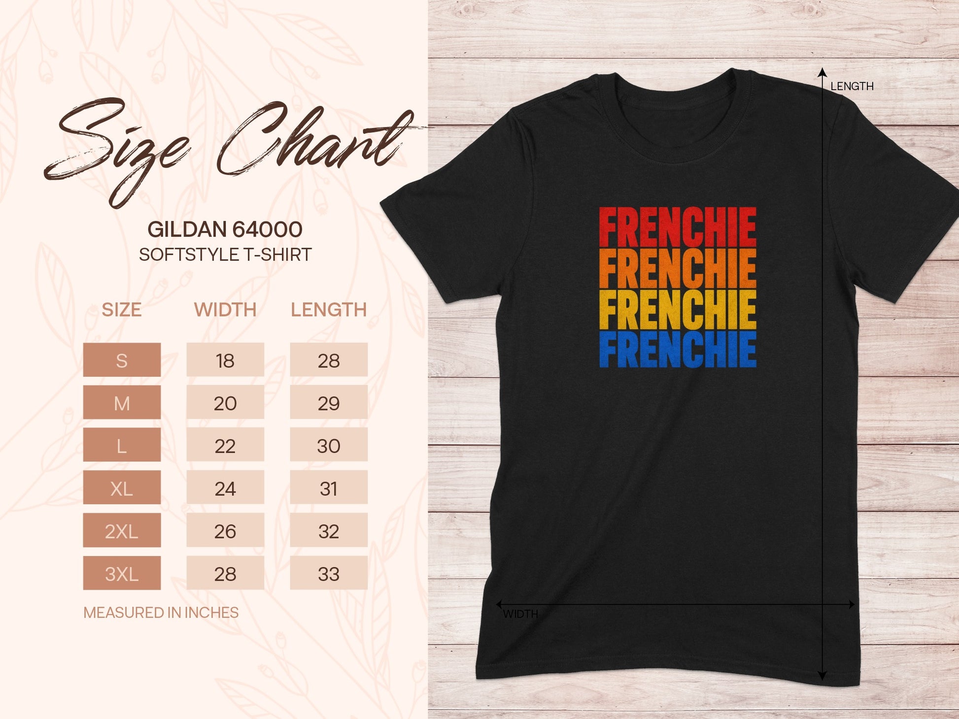 Gildan 64000 size chart for Frenchie t-shirt with measurements.