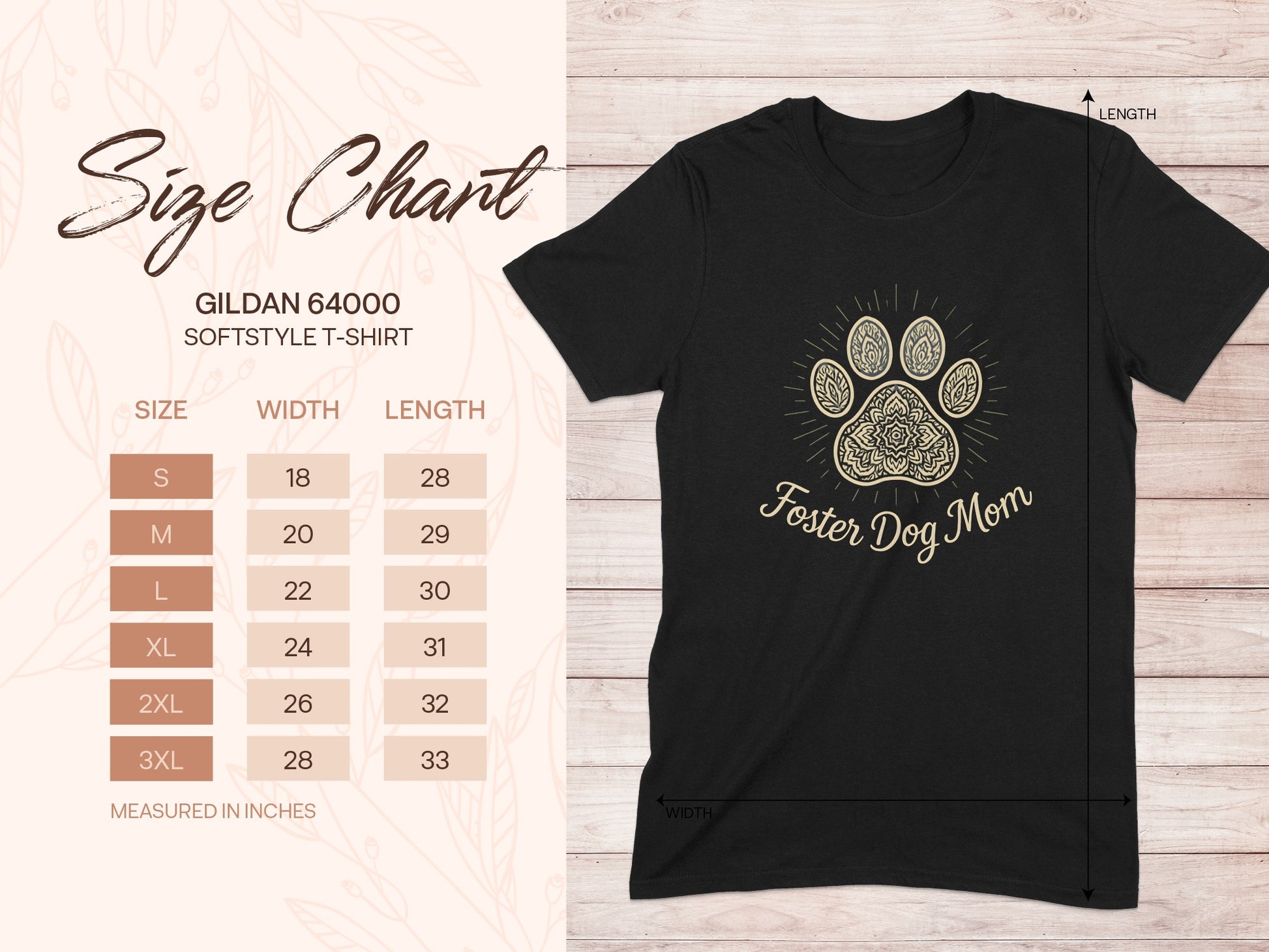 Gildan 64000 Softstyle T-Shirt size chart and "Foster Dog Mom" graphic.