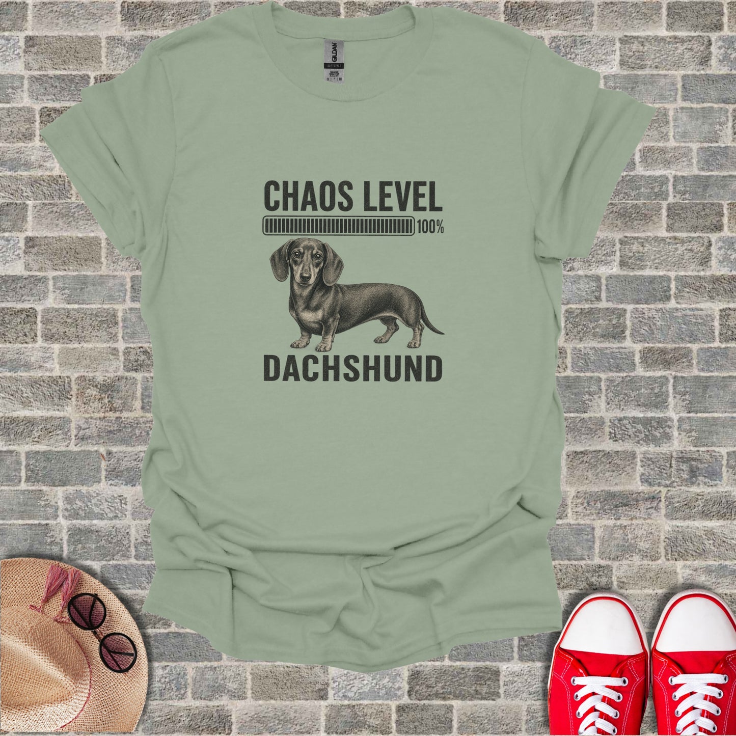 T-shirt with dachshund graphic and "Chaos Level 100%" text.