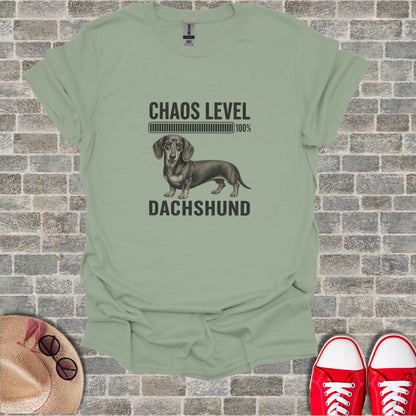 T-shirt with dachshund graphic and "Chaos Level 100%" text.