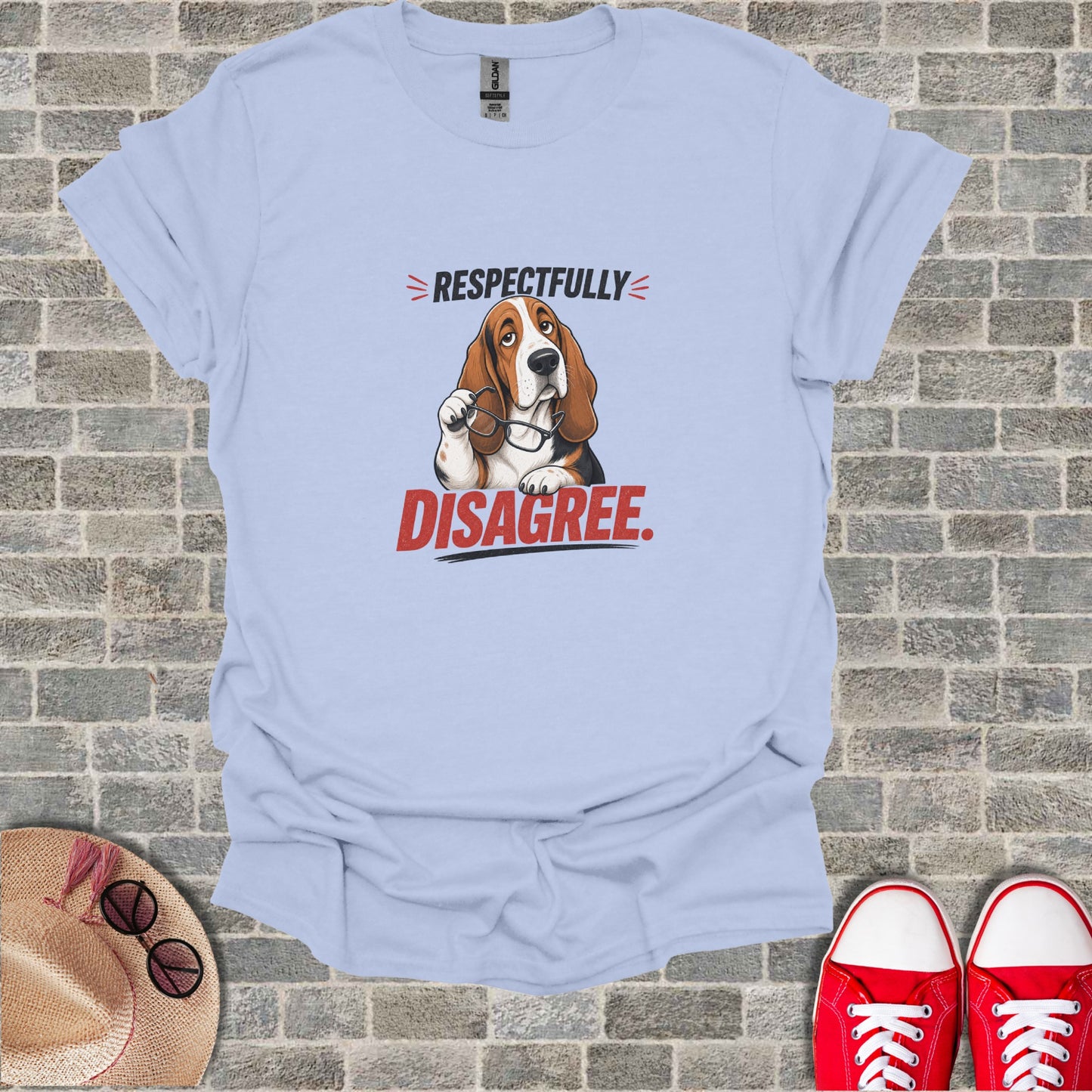 Basset hound wearing glasses, with "Respectfully Disagree" text.