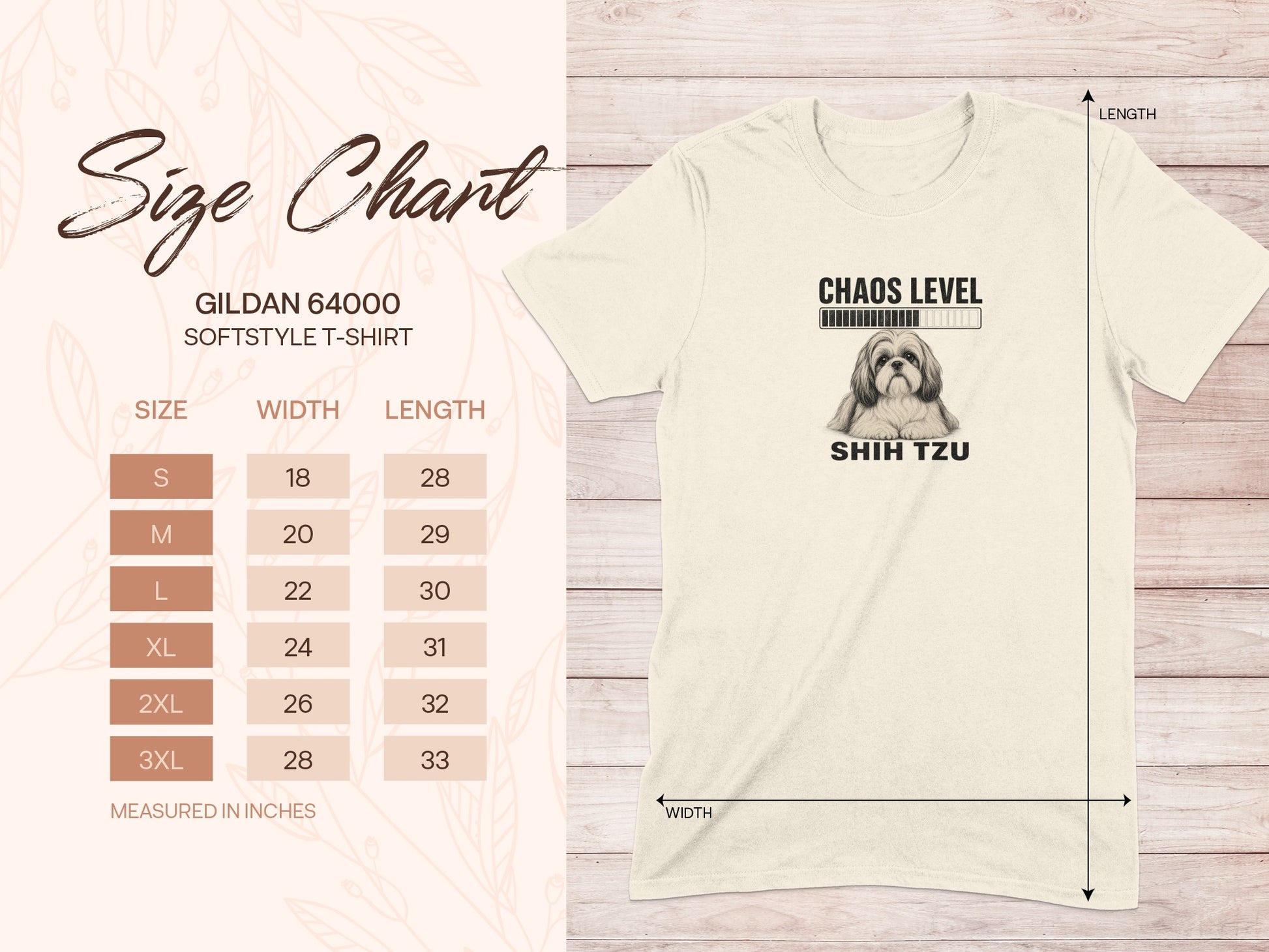 Gildan 64000 t-shirt size chart with Shih Tzu "Chaos Level" graphic.