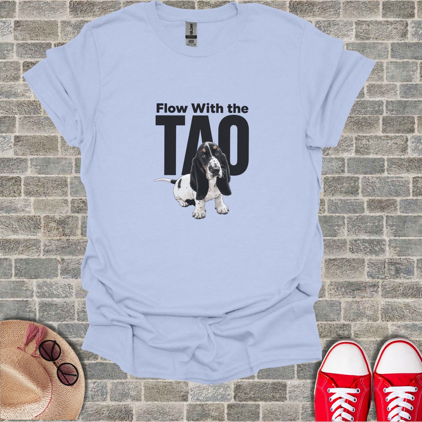 Light blue t-shirt with "Flow With The TAO" and a Basset Hound graphic.