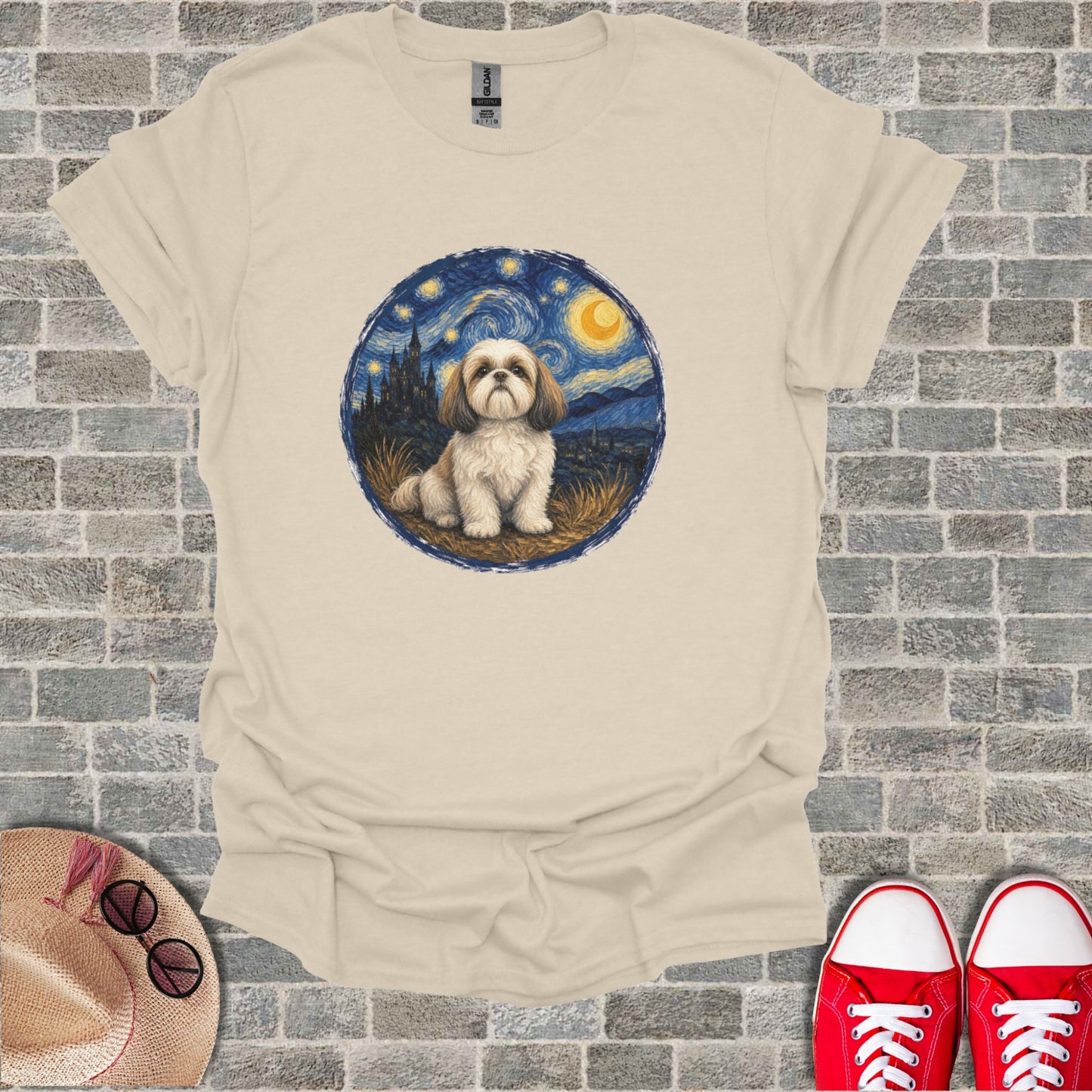 Shih Tzu dog in a starry night scene on a cream t-shirt.