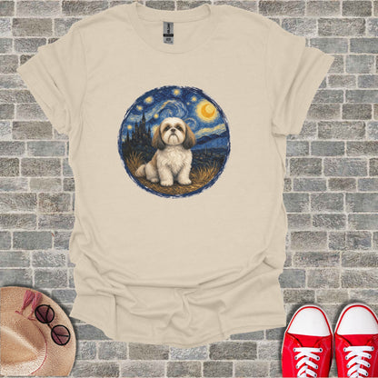 Shih Tzu dog in a starry night scene on a cream t-shirt.