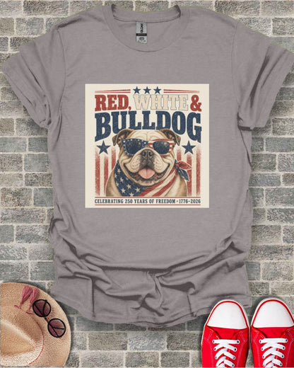 Gray t-shirt with Red, White & Bulldog graphic and celebration text.