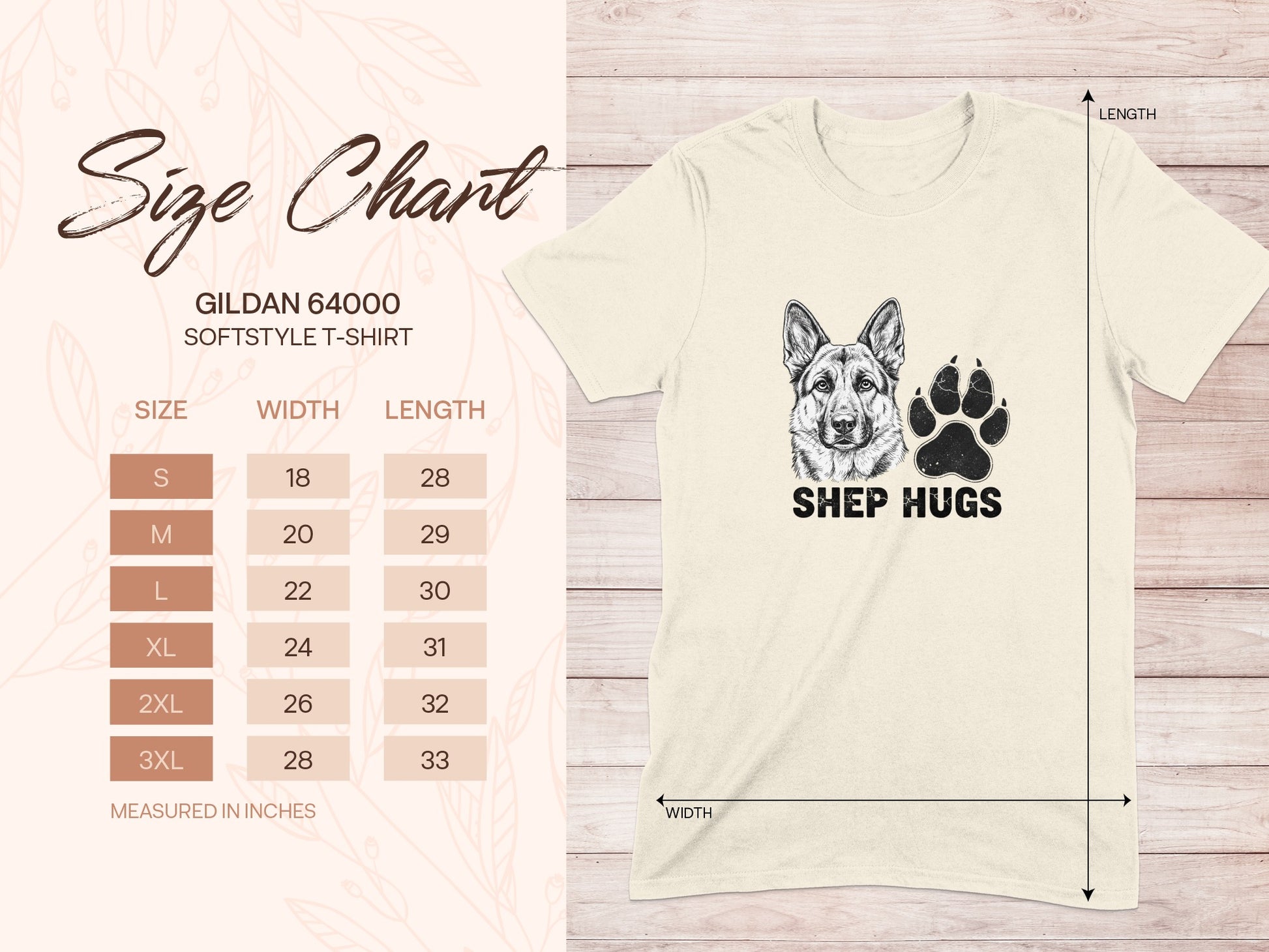 Gildan 64000 t-shirt size chart with dog paw print and "Shep Hugs" text.