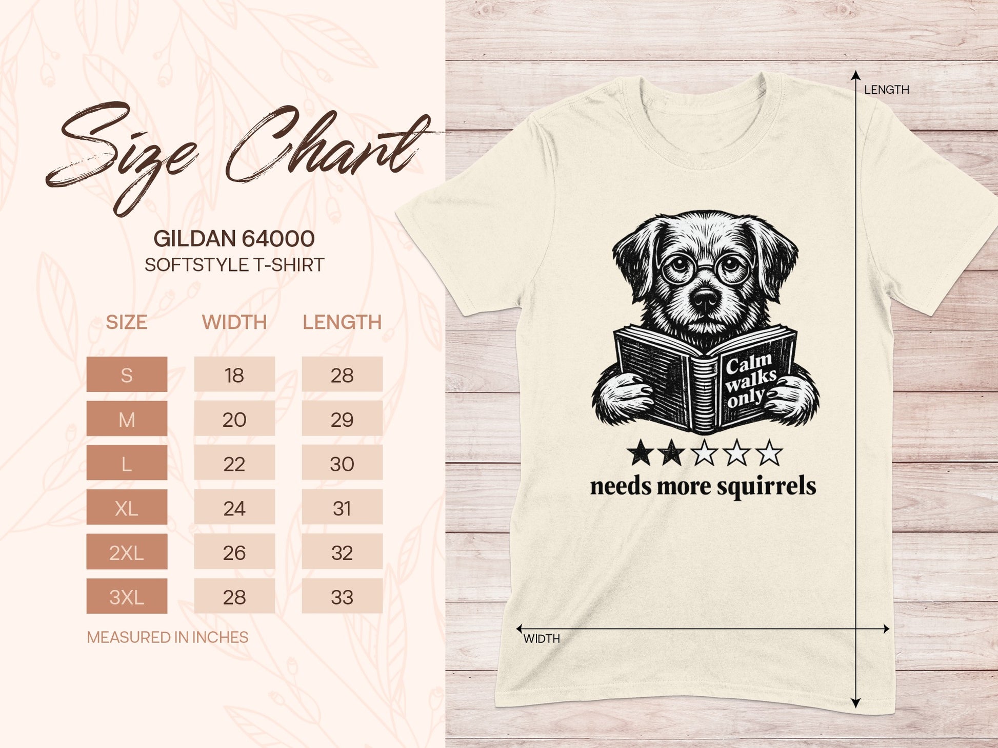 Gildan 64000 T-shirt size chart with dog reading a book about squirrels.