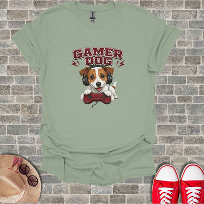 Dog wearing headphones and holding a video game controller.
