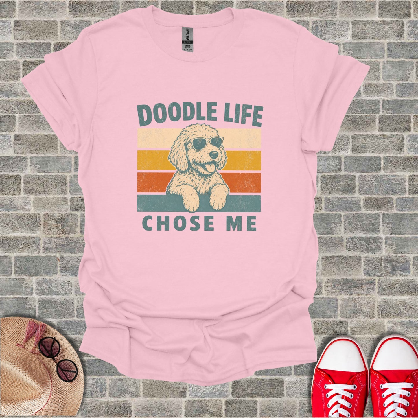 Pink t-shirt with a doodle dog wearing sunglasses and the text "Doodle Life Chose Me".