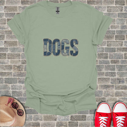 Light green t-shirt with "DOGS" in distressed denim fabric.
