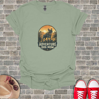 T-shirt graphic: French bulldog in mountain landscape, "Adventure Dog Mom" text.