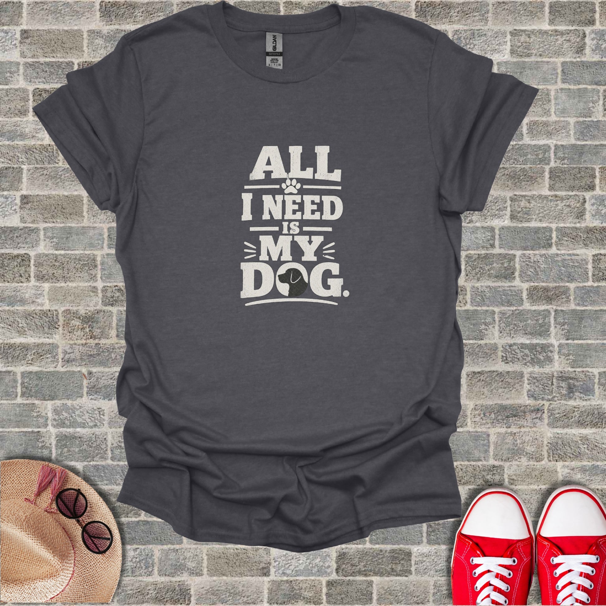 Dark gray t-shirt with "All I Need Is My Dog" text and dog silhouette graphic.