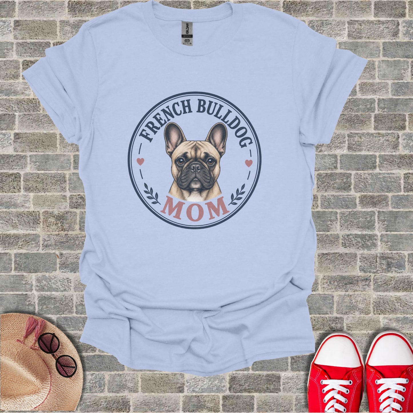 French Bulldog MOM graphic on a light blue t-shirt.