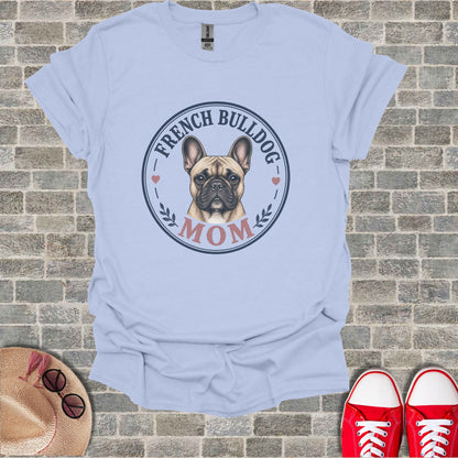 French Bulldog MOM graphic on a light blue t-shirt.