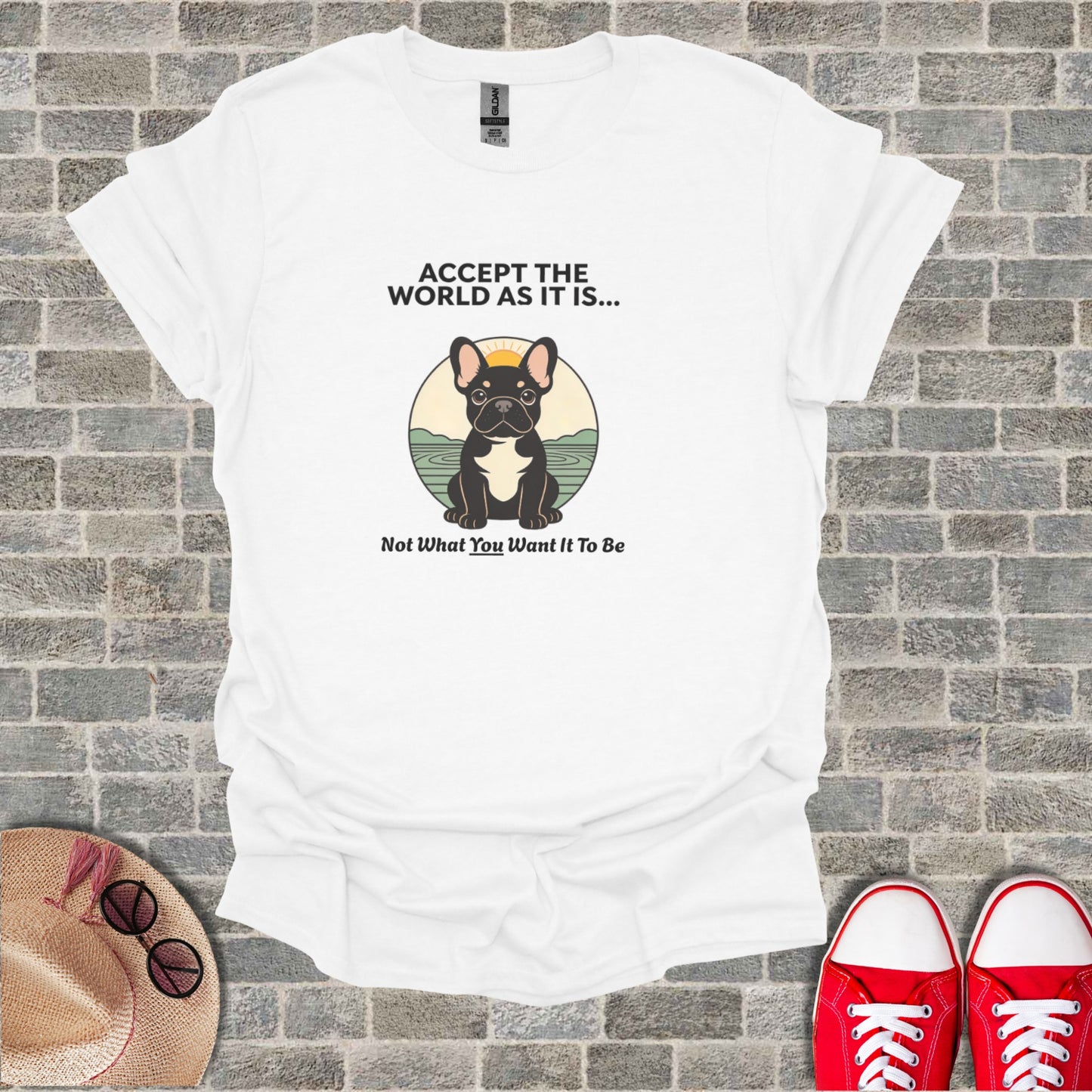 White t-shirt with French bulldog graphic and motivational text.