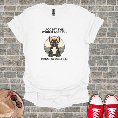 White t-shirt with French bulldog graphic and motivational text.