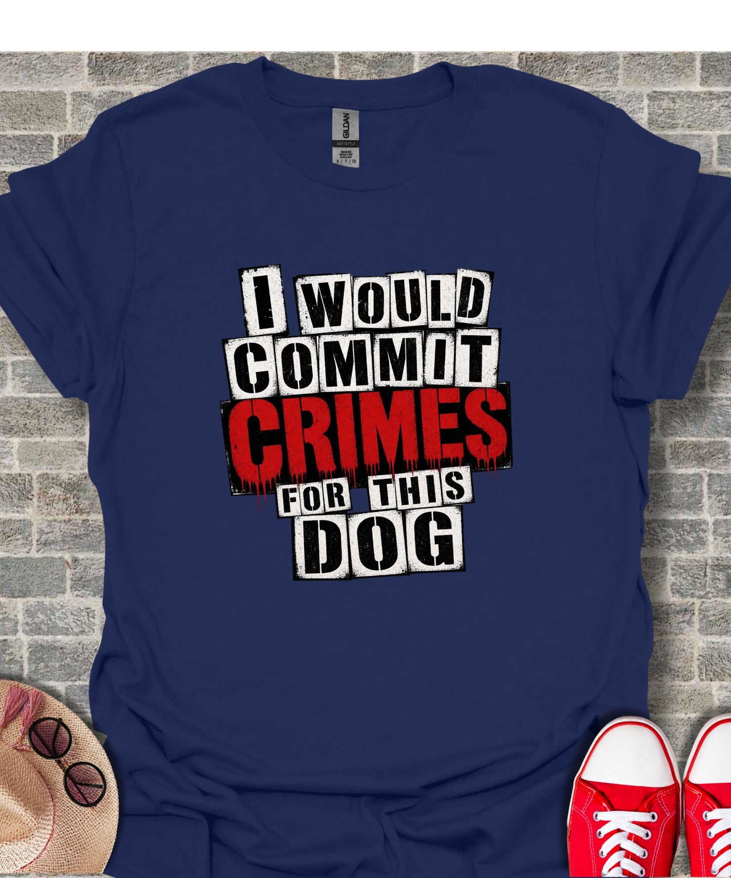 Dark navy t-shirt with "I would commit crimes for this dog" text in white and red.