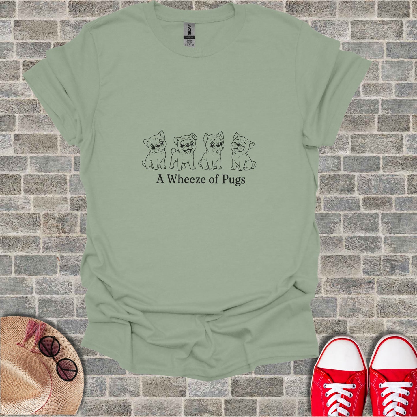 T-shirt with "A Wheeze of Pugs" text and pug illustrations.
