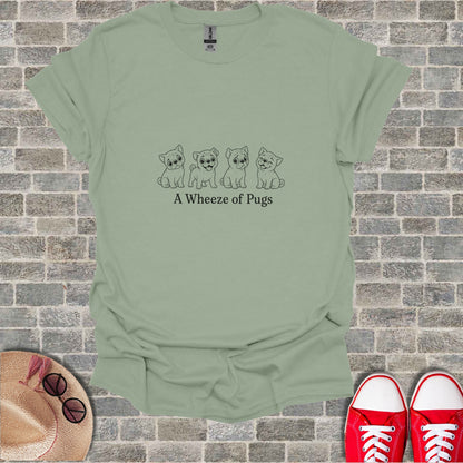 T-shirt with "A Wheeze of Pugs" text and pug illustrations.