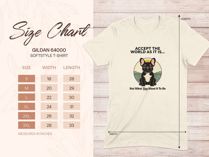 Gildan 64000 t-shirt size chart with French bulldog graphic.