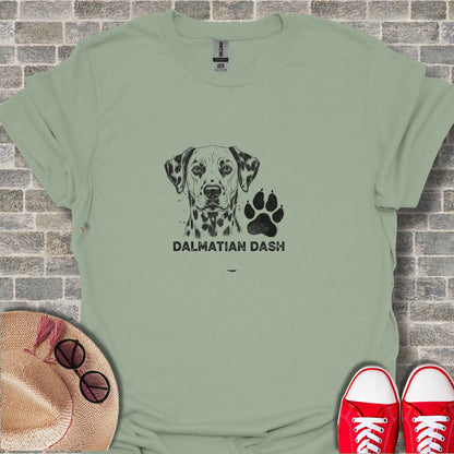 Dalmatian dog face with paw print and text "Dalmatian Dash".