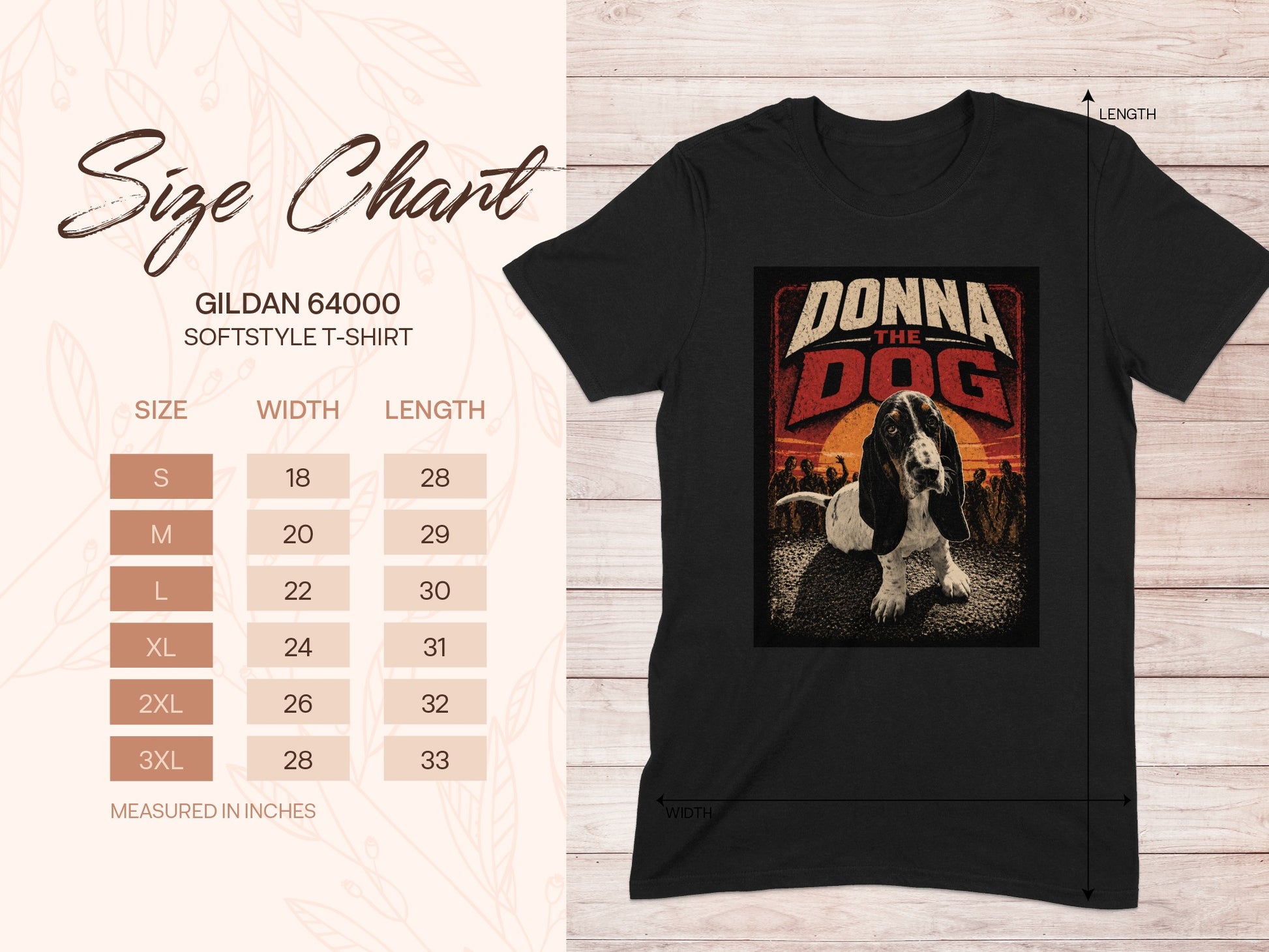 Gildan 64000 Softstyle T-Shirt size chart with "Donna the Dog" graphic.