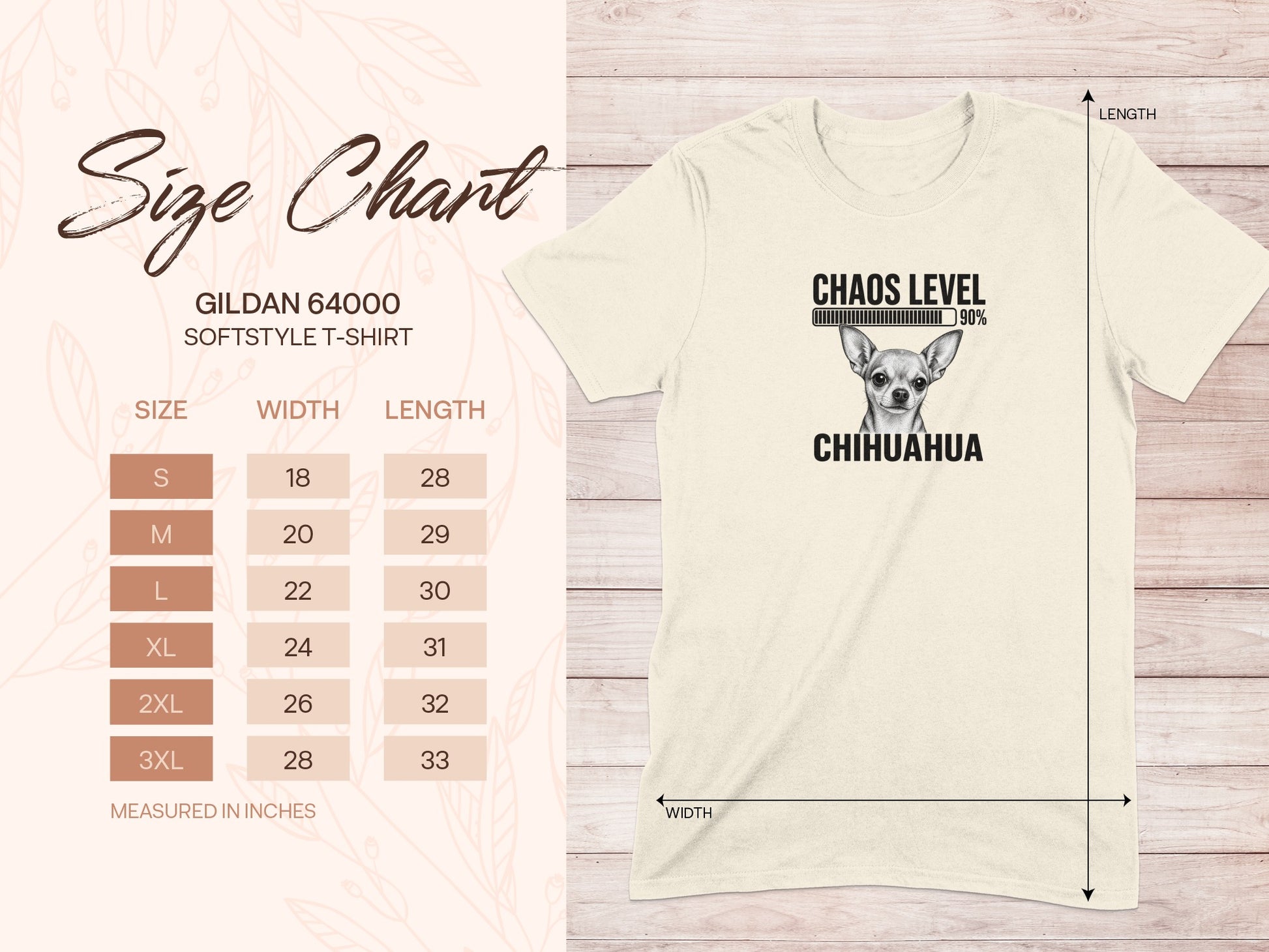 Gildan 64000 size chart for Chihuahua t-shirt with "Chaos Level 90%" graphic.