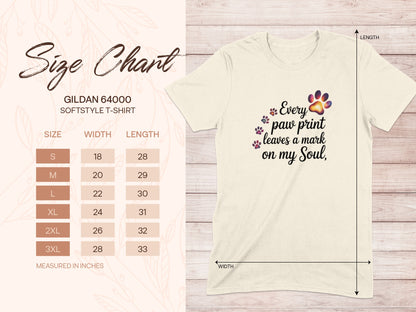 Gildan 64000 size chart with paw print graphic on shirt.